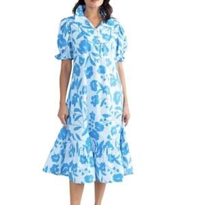 S’EDGE Priestly Midi Dress Blue Delphinium Puff Sleeve Ruffle Collar Pockets L